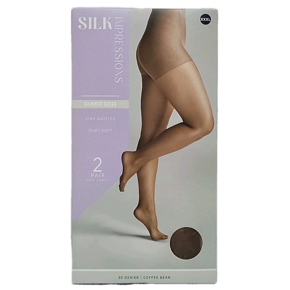 Silk Impressions Pantyhose High Waisted Sheer Shimmer 20 Denier Coffee Bean XXXL